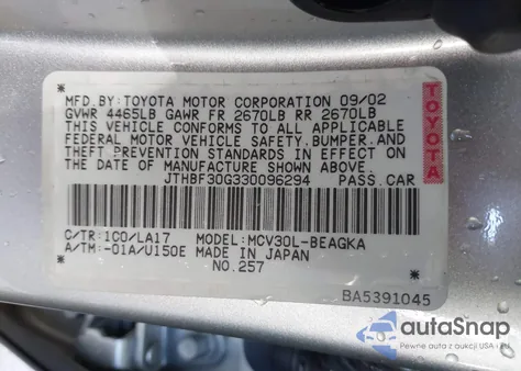 2003 Lexus Es 300 z USA, uszkodzony, nr VIN JTHBF30G330096294